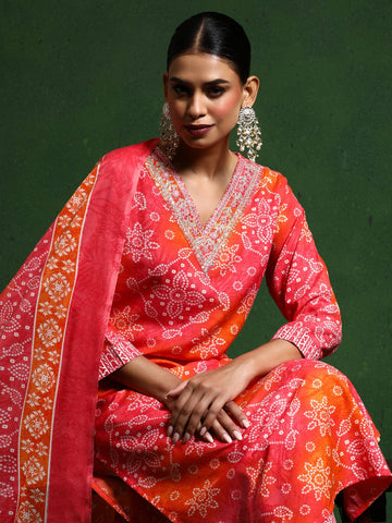 Varanga Women Bandhani Printed V Neck Kurta With Trouser & Dupatta